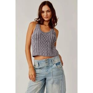 Free People Cable Knit Sweater Tank Top Navy Blue Dark Denim  Medium NEW